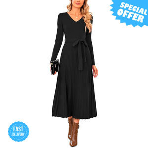 BRAND NEW Arach&Cloz Wool Blend Tie Waist Pleated Fall Sweater Dress